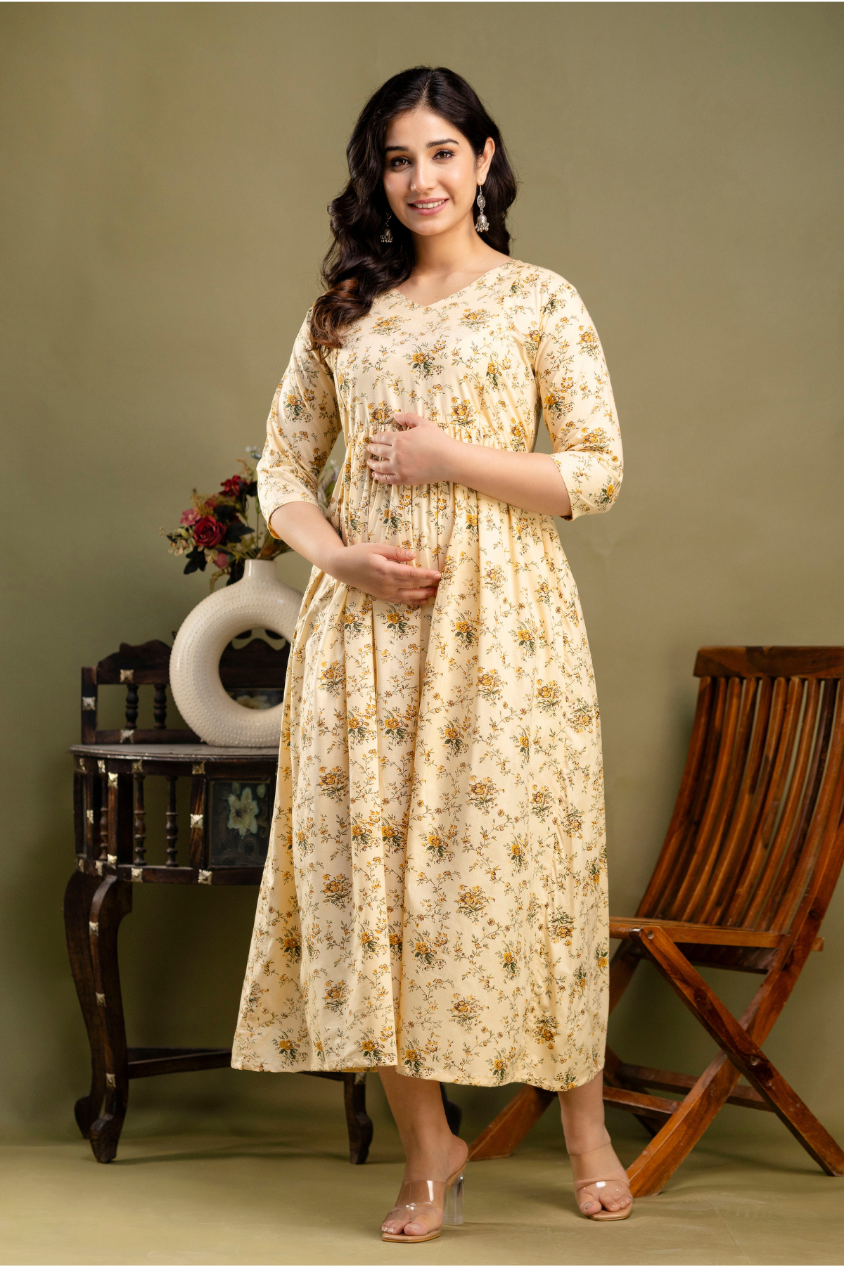 Pure Cotton Nursing-Friendly Maternity Dress - Sunflower