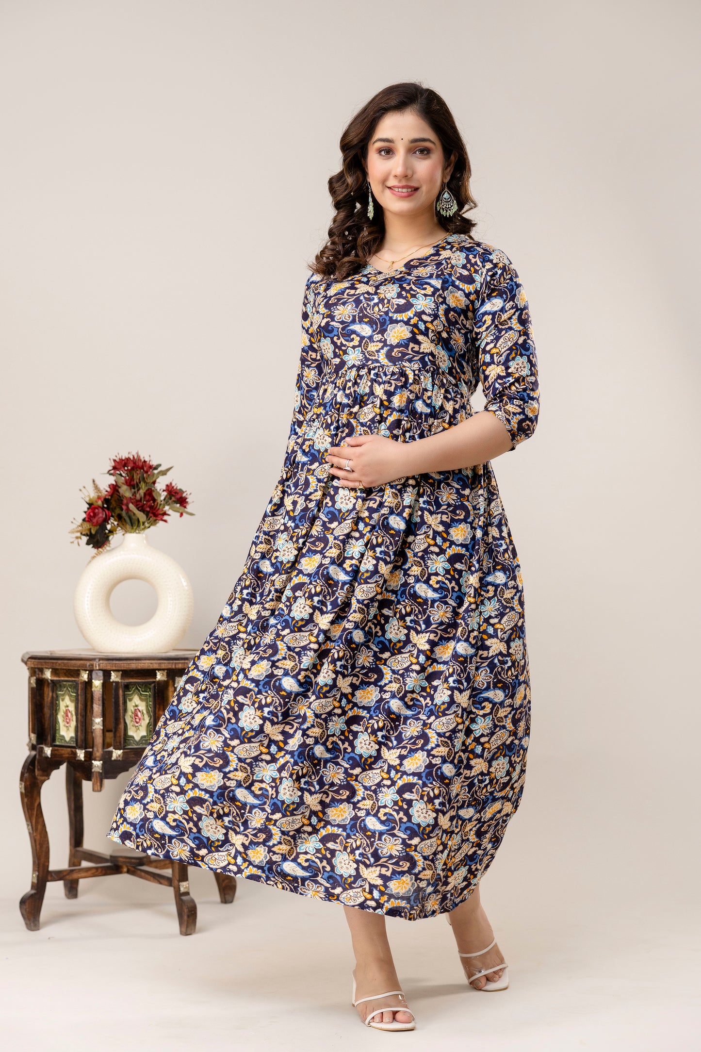 Rayon Modern Maternity Dress | Hidden Zipper | Deep Pocket | Adjustable Fit for Joyful Motherhood - Navy Blue