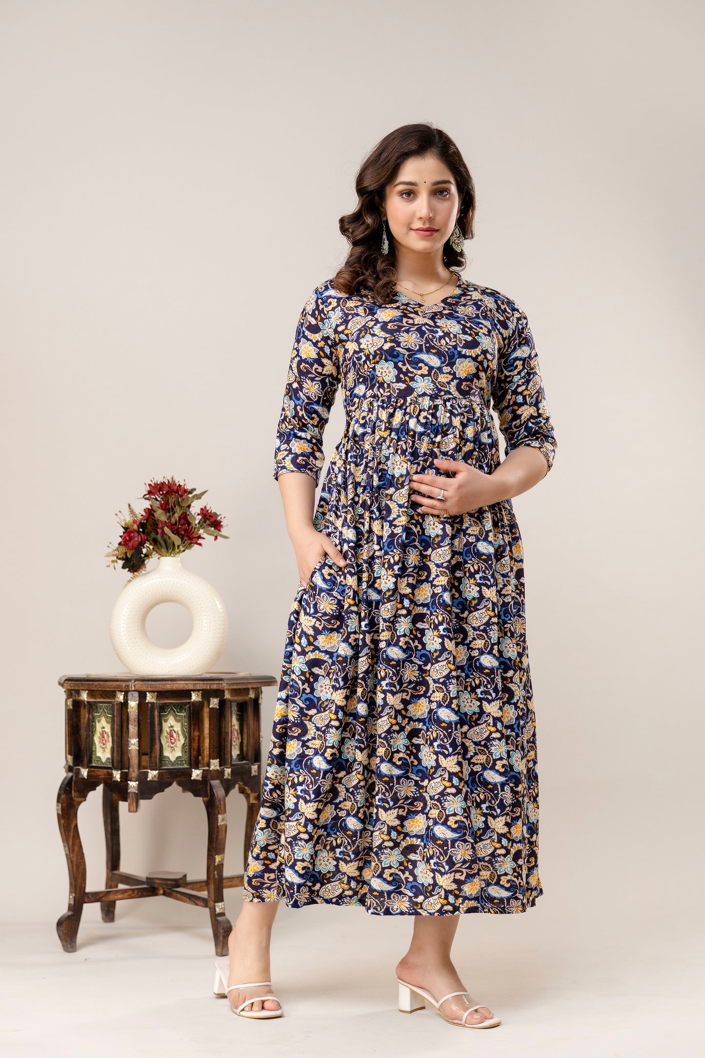 Rayon Modern Maternity Dress | Hidden Zipper | Deep Pocket | Adjustable Fit for Joyful Motherhood - Navy Blue