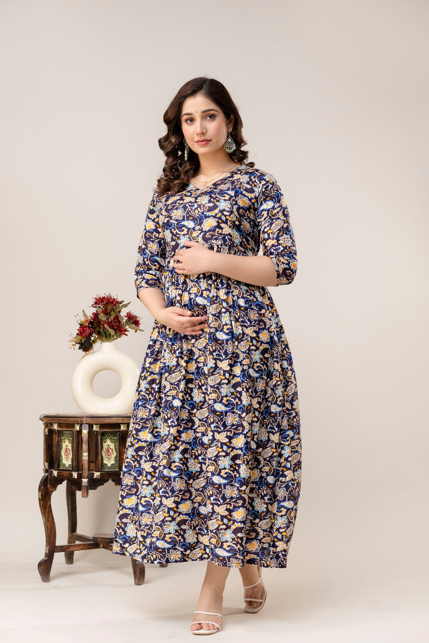 Rayon Modern Maternity Dress | Hidden Zipper | Deep Pocket | Adjustable Fit for Joyful Motherhood - Navy Blue