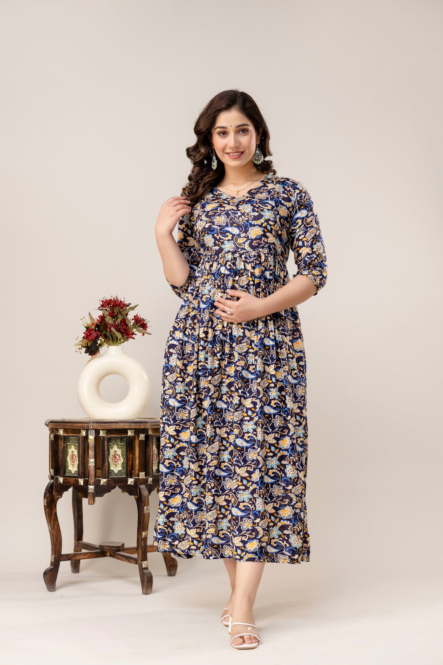 Rayon Modern Maternity Dress | Hidden Zipper | Deep Pocket | Adjustable Fit for Joyful Motherhood - Navy Blue
