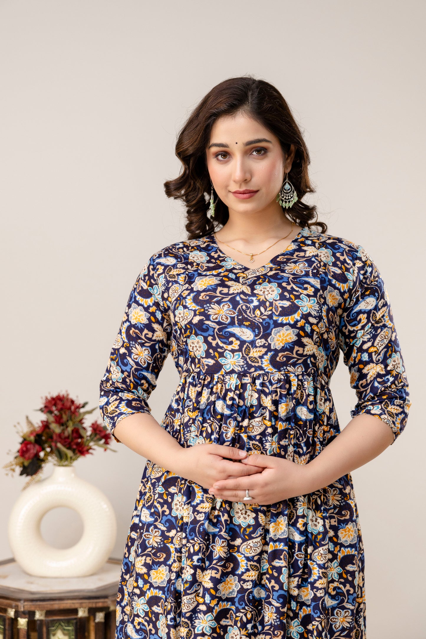 Rayon Modern Maternity Dress | Hidden Zipper | Deep Pocket | Adjustable Fit for Joyful Motherhood - Navy Blue