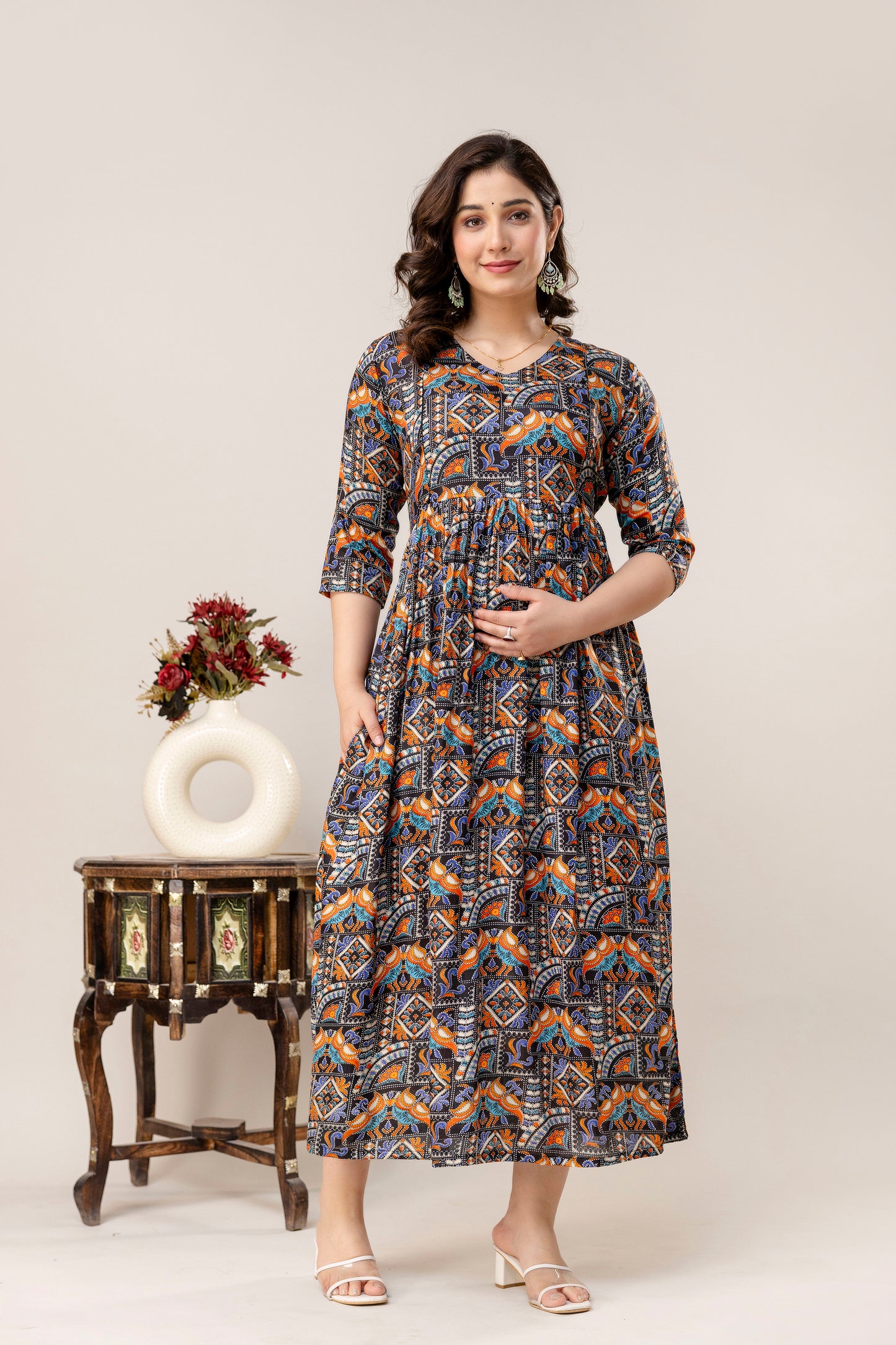 Rayon Modern Maternity Dress | Hidden Zipper | Deep Pocket | Adjustable Fit for Joyful Motherhood - Midnight