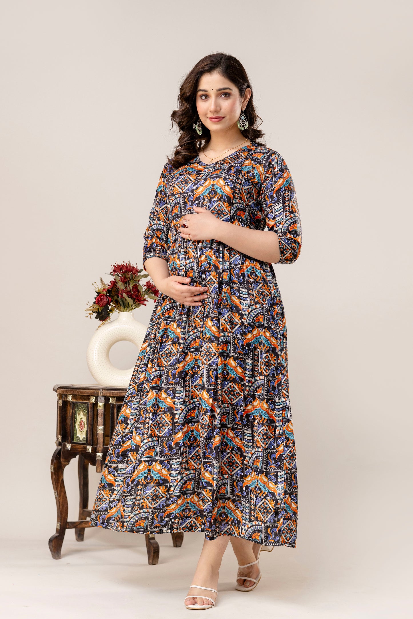 Rayon Modern Maternity Dress | Hidden Zipper | Deep Pocket | Adjustable Fit for Joyful Motherhood - Midnight