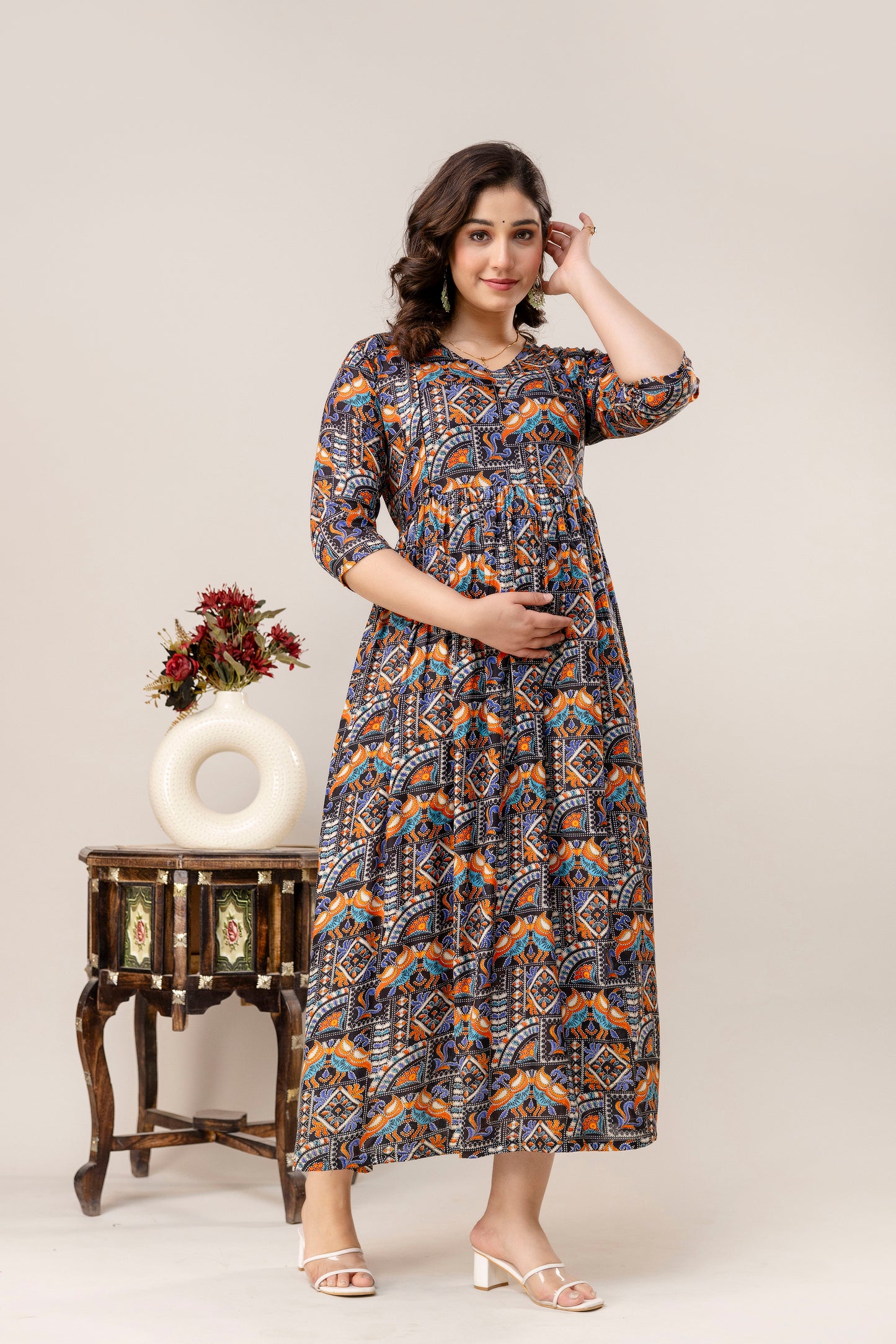 Rayon Modern Maternity Dress | Hidden Zipper | Deep Pocket | Adjustable Fit for Joyful Motherhood - Midnight