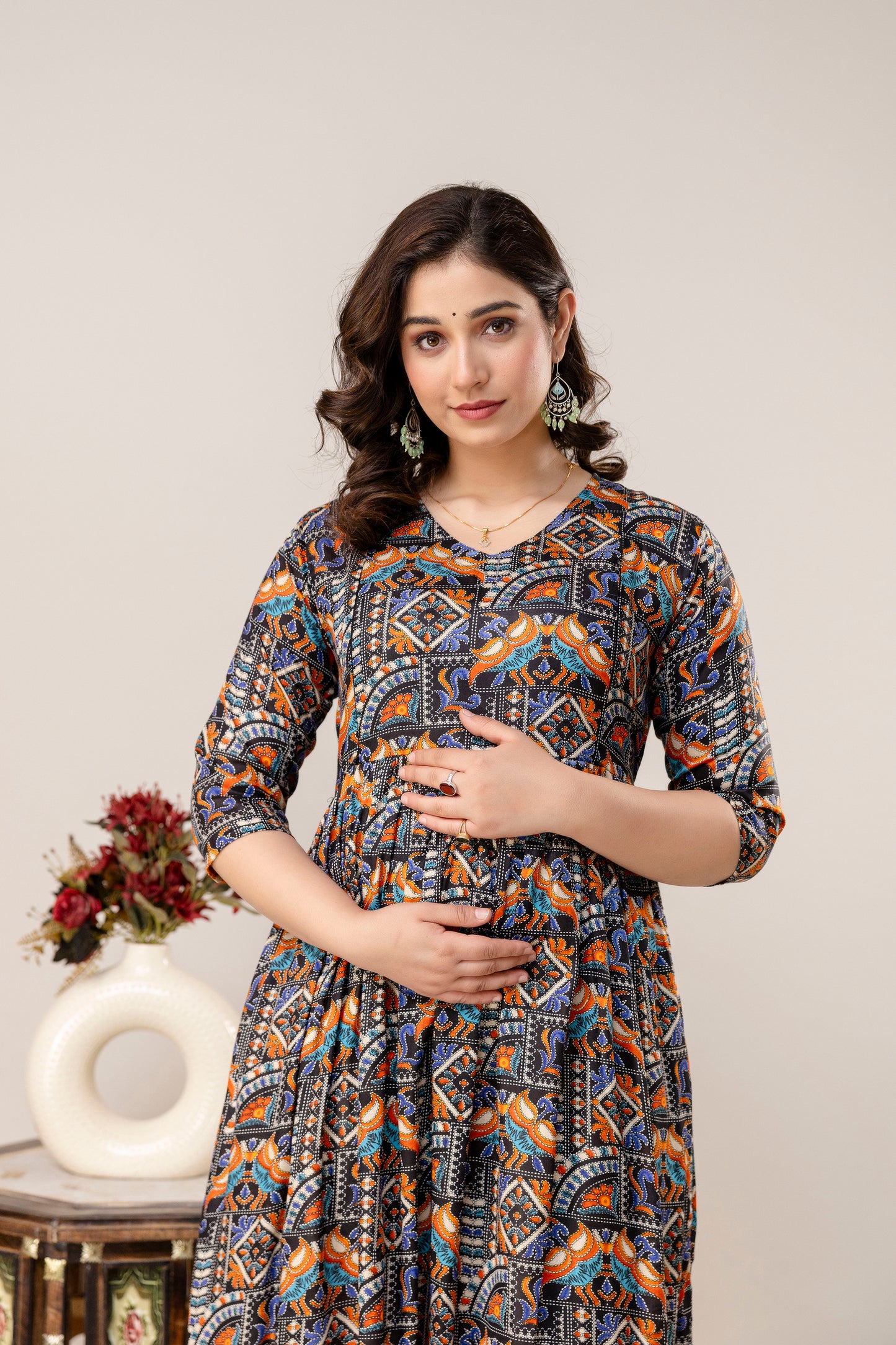Rayon Modern Maternity Dress | Hidden Zipper | Deep Pocket | Adjustable Fit for Joyful Motherhood - Midnight
