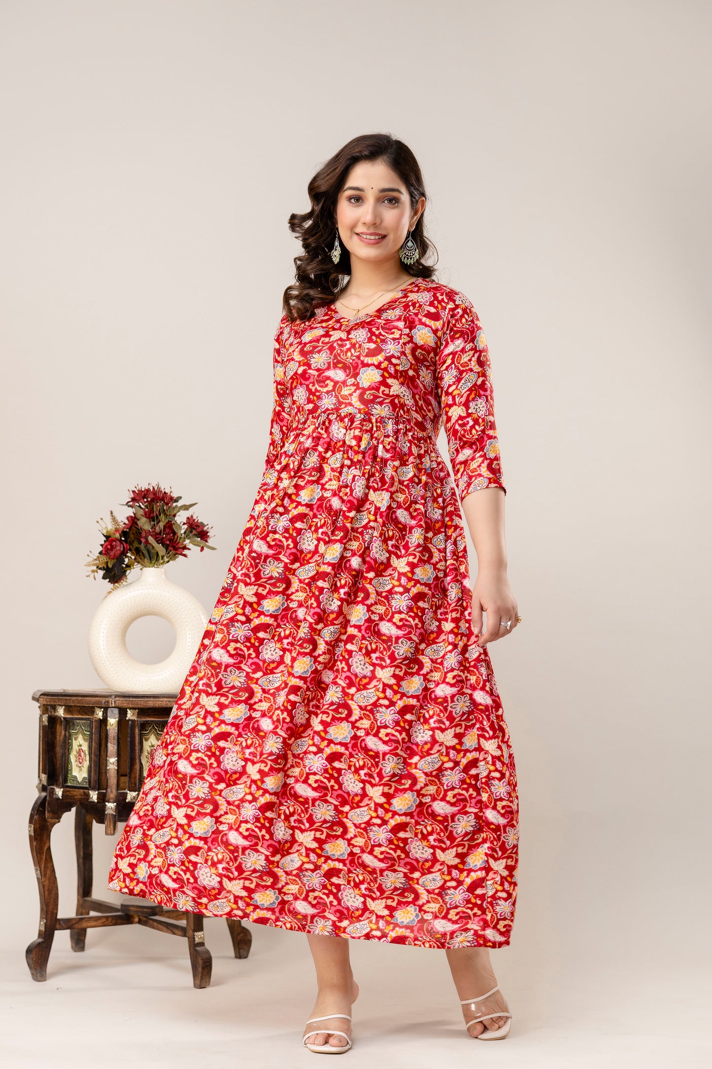 Rayon Modern Maternity Dress | Hidden Zipper | Deep Pocket | Adjustable Fit for Joyful Motherhood - Red