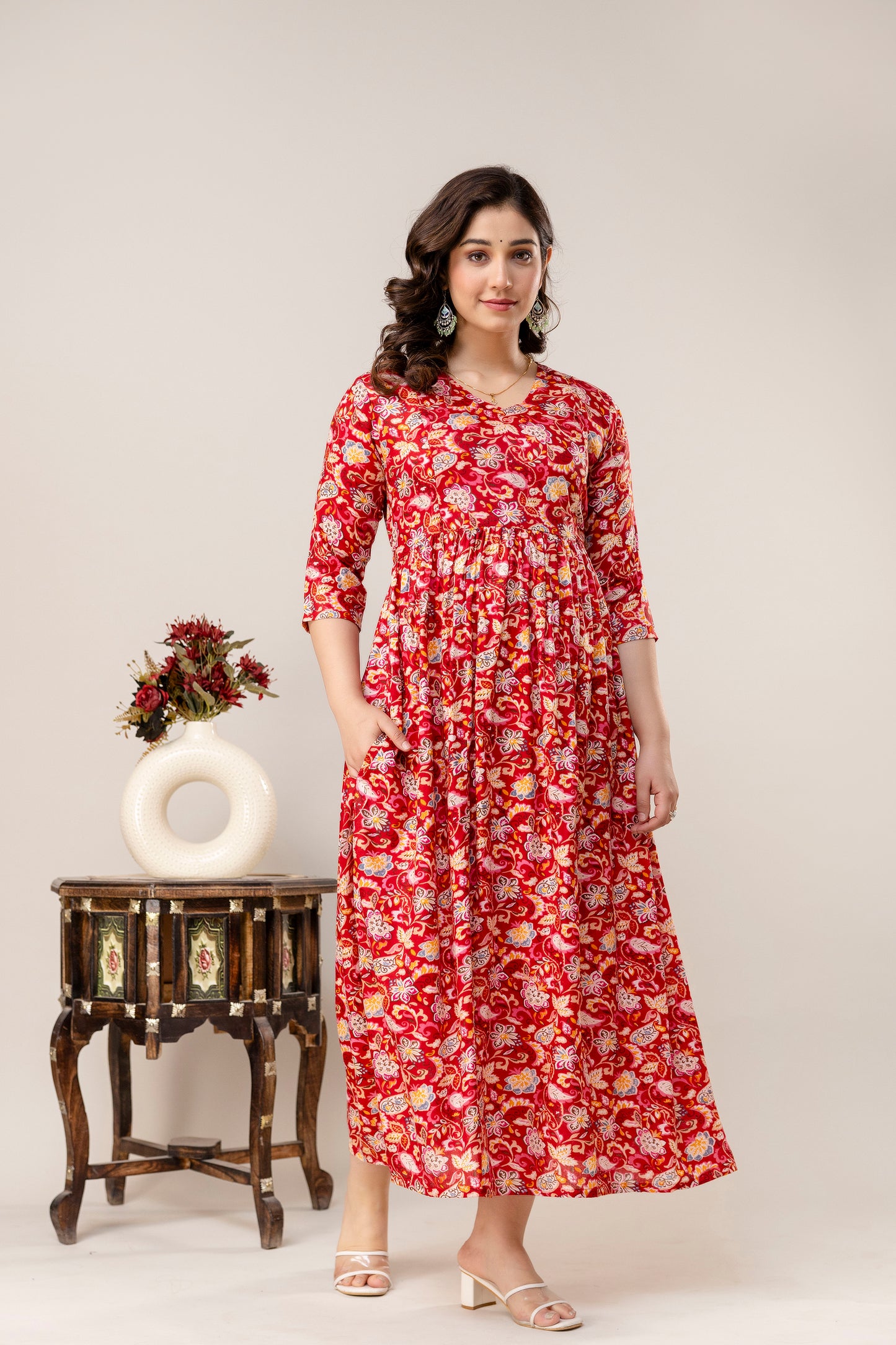 Rayon Modern Maternity Dress | Hidden Zipper | Deep Pocket | Adjustable Fit for Joyful Motherhood - Red