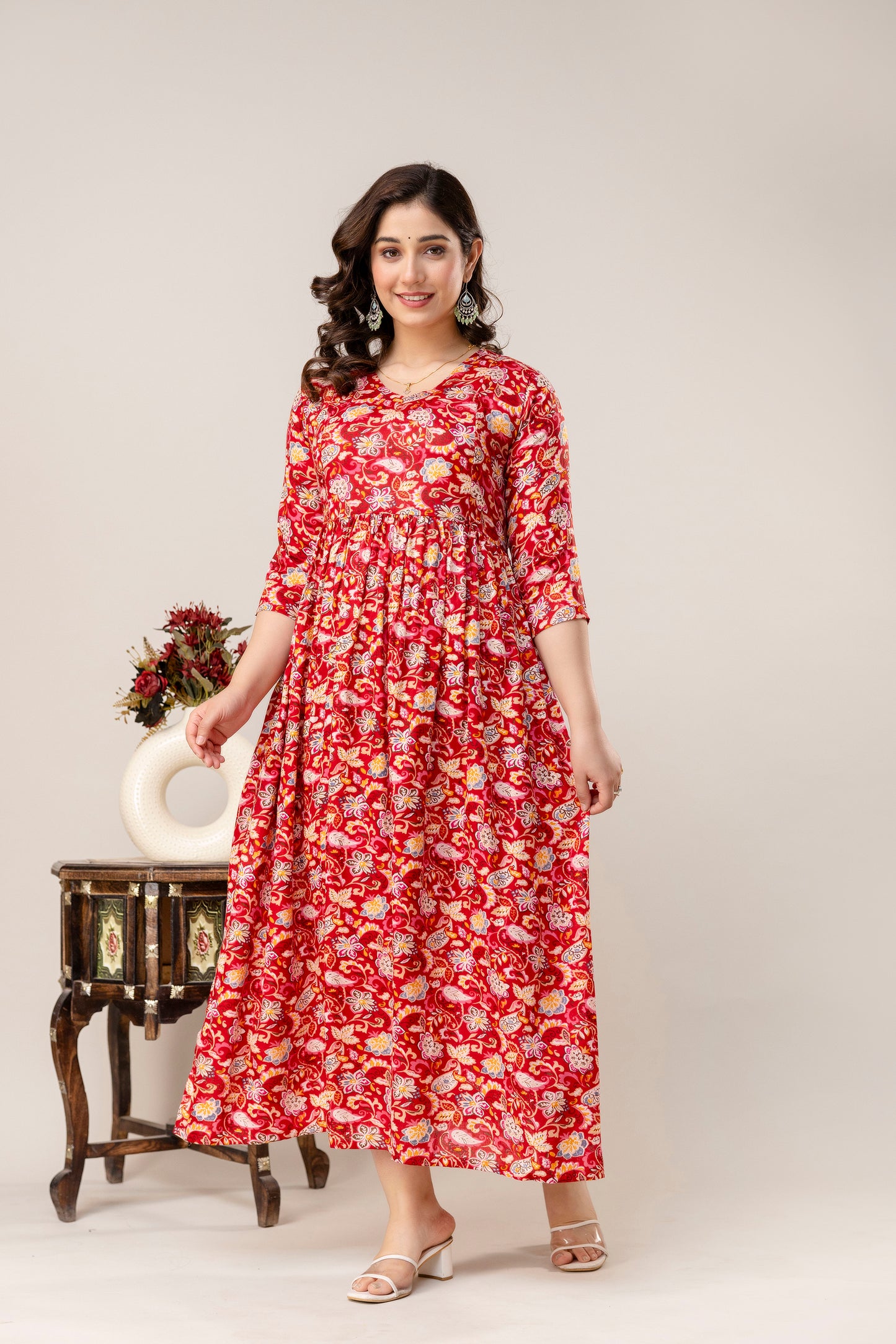 Rayon Modern Maternity Dress | Hidden Zipper | Deep Pocket | Adjustable Fit for Joyful Motherhood - Red