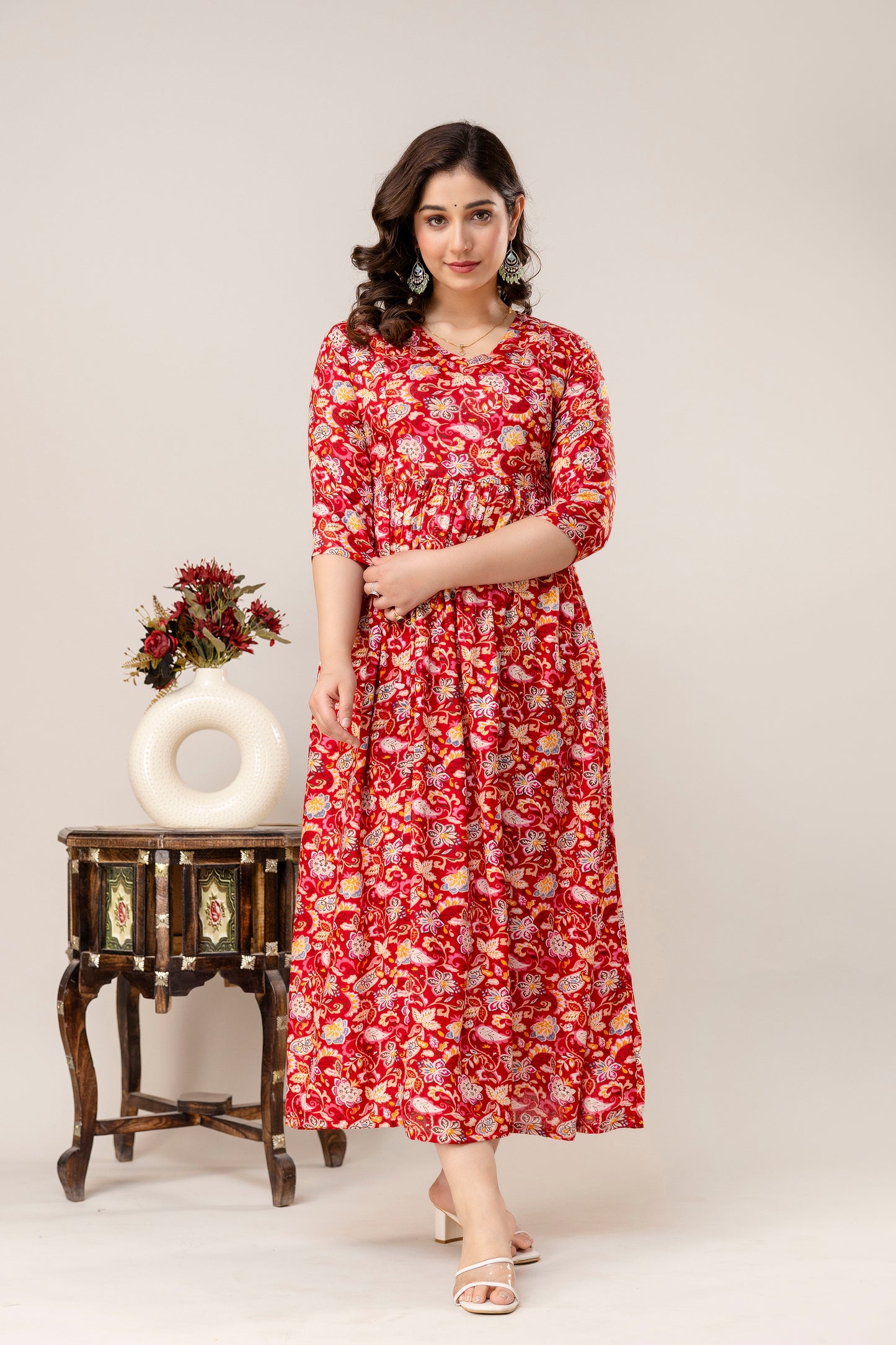 Rayon Modern Maternity Dress | Hidden Zipper | Deep Pocket | Adjustable Fit for Joyful Motherhood - Red