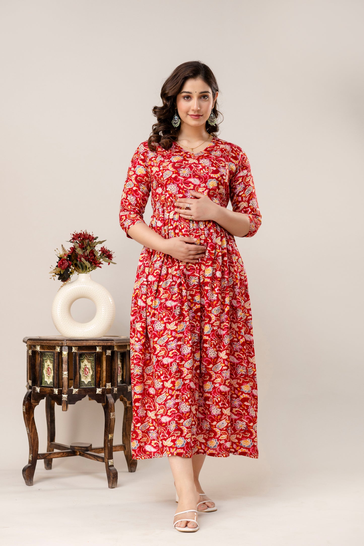 Rayon Modern Maternity Dress | Hidden Zipper | Deep Pocket | Adjustable Fit for Joyful Motherhood - Red