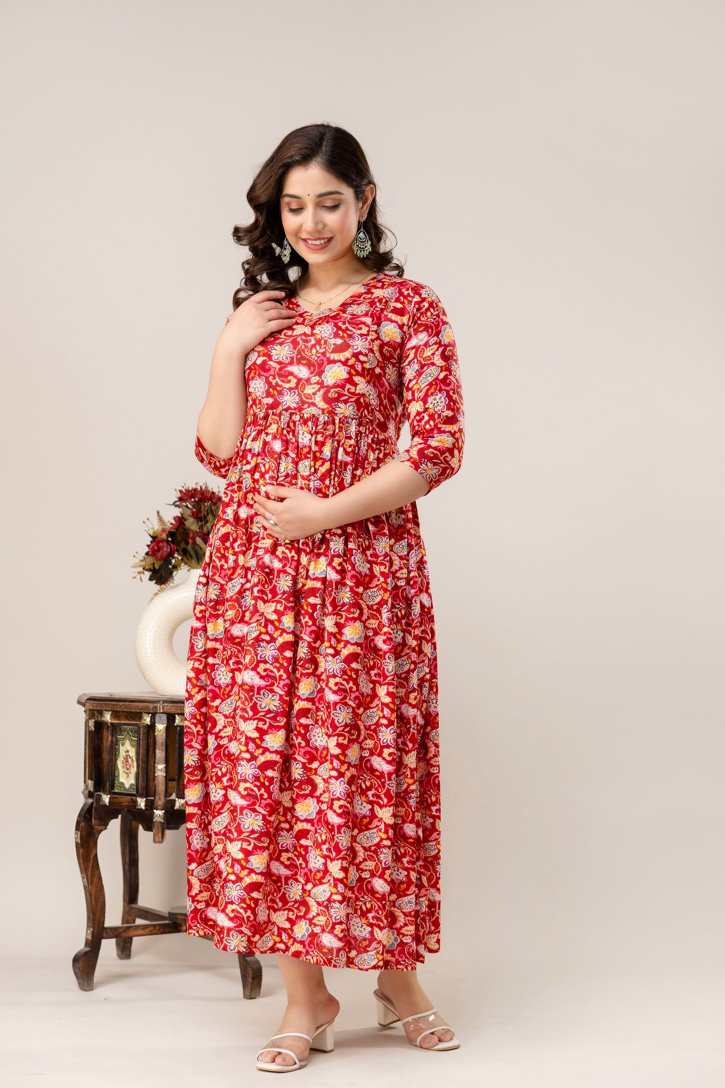 Rayon Modern Maternity Dress | Hidden Zipper | Deep Pocket | Adjustable Fit for Joyful Motherhood - Red