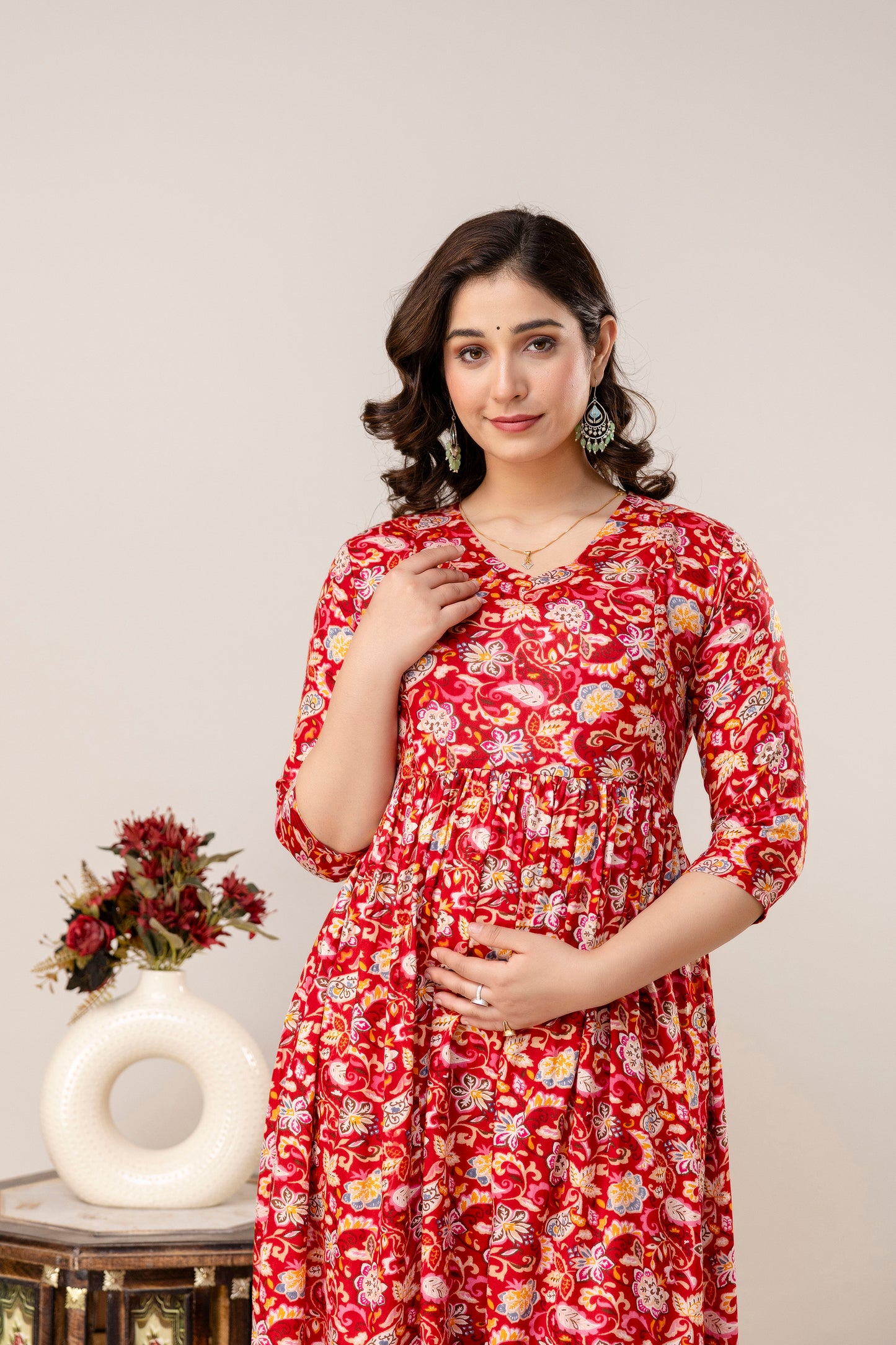 Rayon Modern Maternity Dress | Hidden Zipper | Deep Pocket | Adjustable Fit for Joyful Motherhood - Red