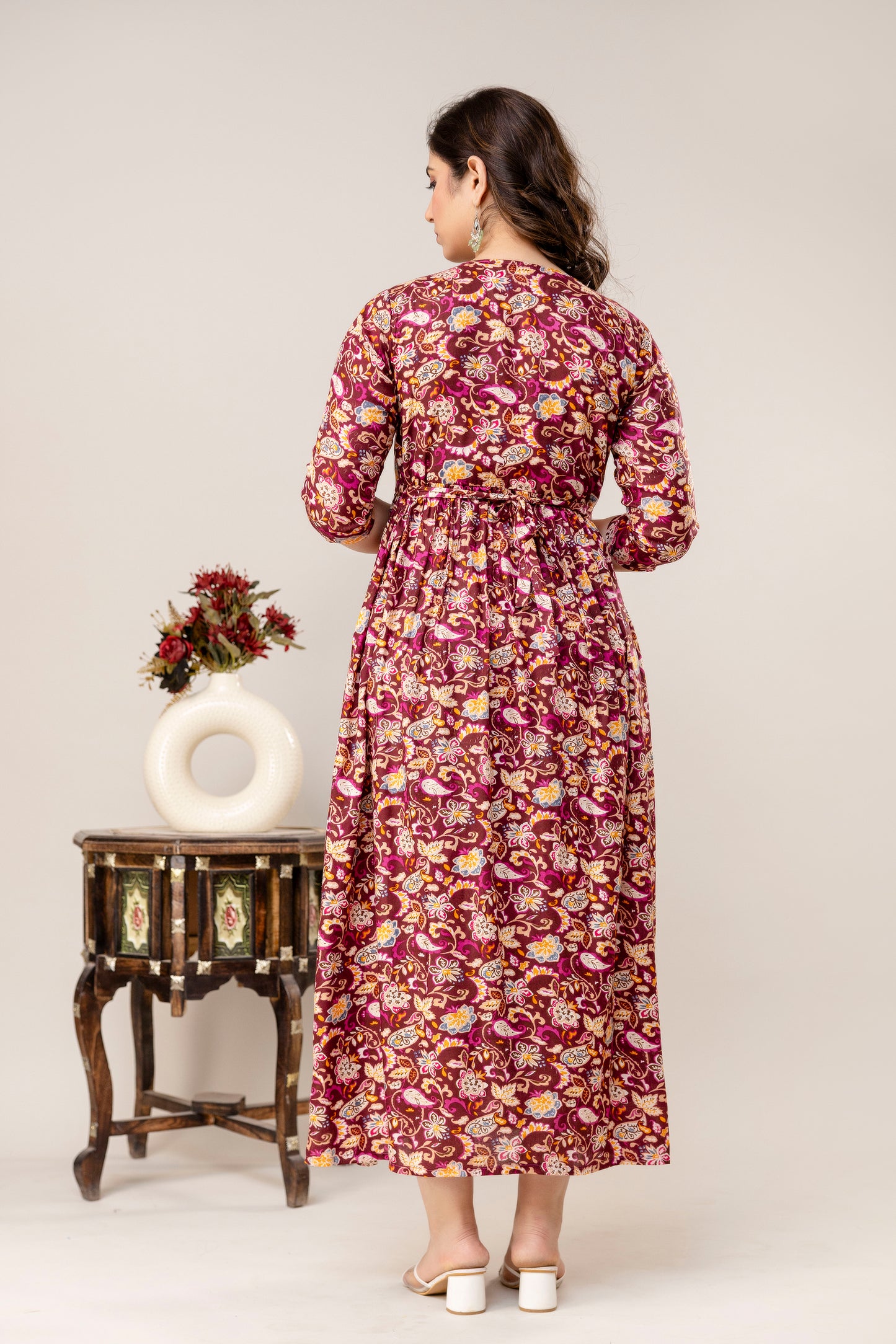 Rayon Modern Maternity Dress | Hidden Zipper | Deep Pocket | Adjustable Fit for Joyful Motherhood - Maroon