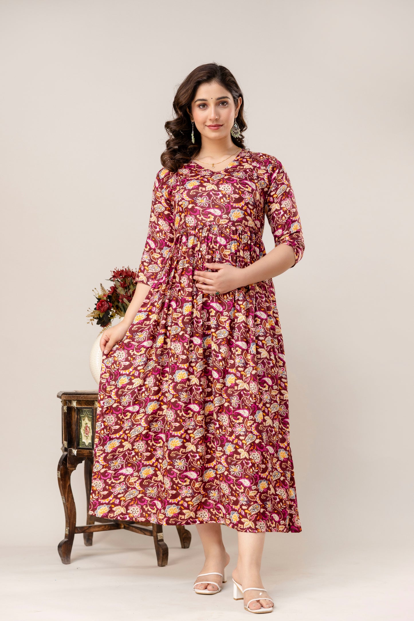 Rayon Modern Maternity Dress | Hidden Zipper | Deep Pocket | Adjustable Fit for Joyful Motherhood - Maroon