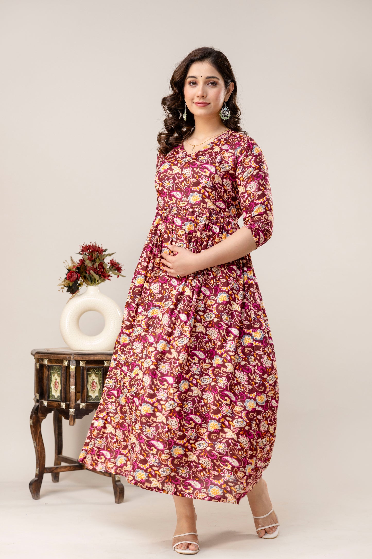 Rayon Modern Maternity Dress | Hidden Zipper | Deep Pocket | Adjustable Fit for Joyful Motherhood - Maroon