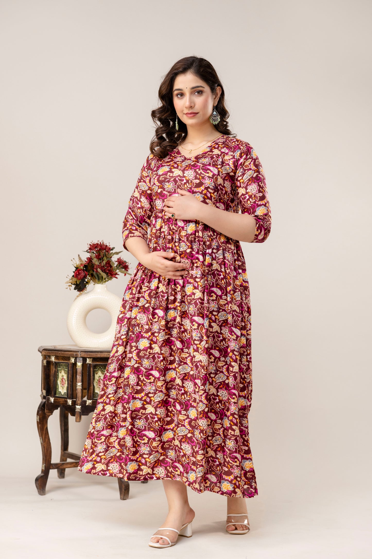 Rayon Modern Maternity Dress | Hidden Zipper | Deep Pocket | Adjustable Fit for Joyful Motherhood - Maroon