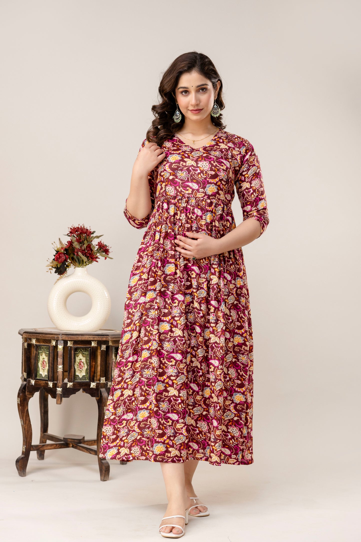 Rayon Modern Maternity Dress | Hidden Zipper | Deep Pocket | Adjustable Fit for Joyful Motherhood - Maroon