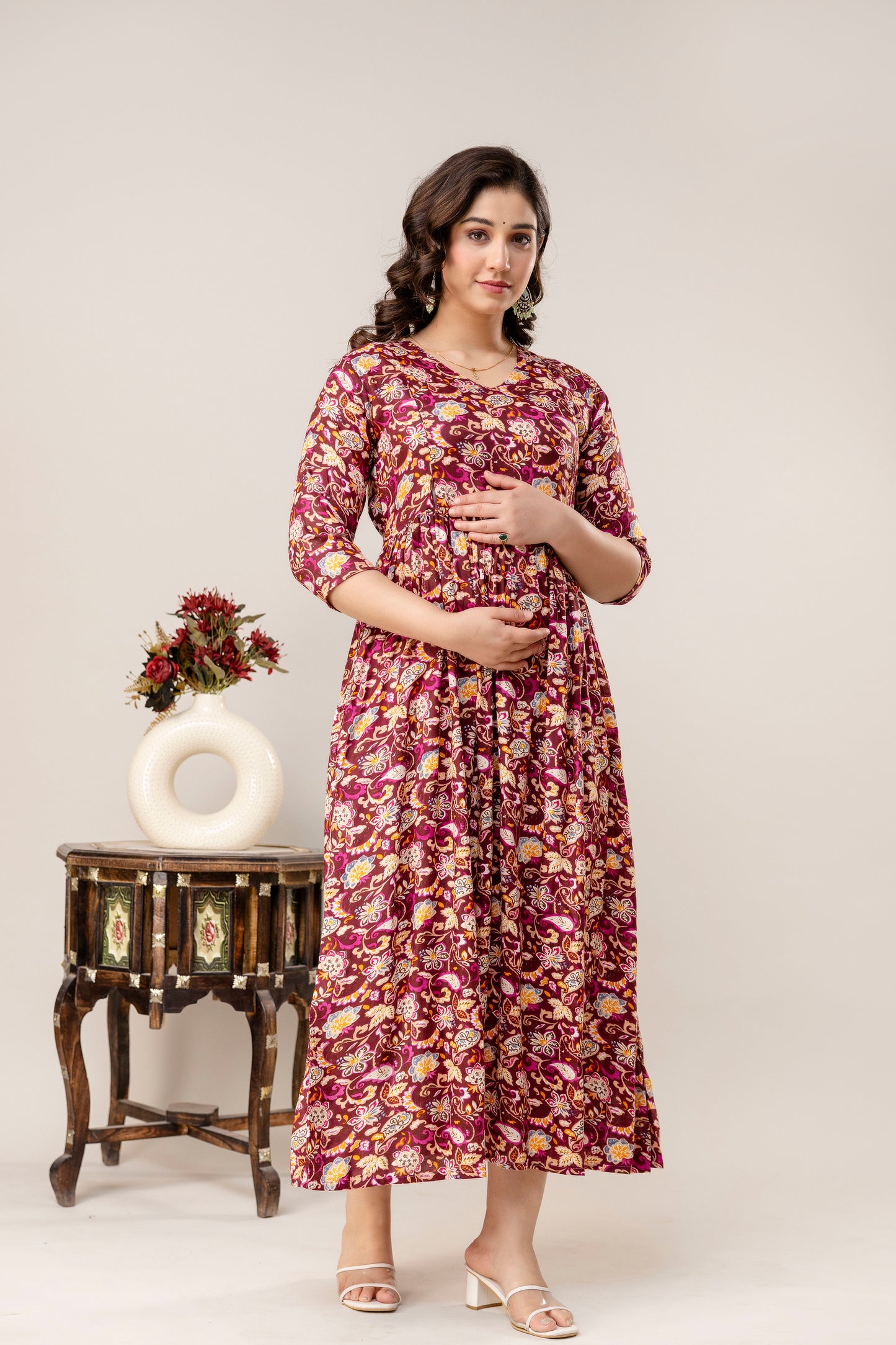 Rayon Modern Maternity Dress | Hidden Zipper | Deep Pocket | Adjustable Fit for Joyful Motherhood - Maroon