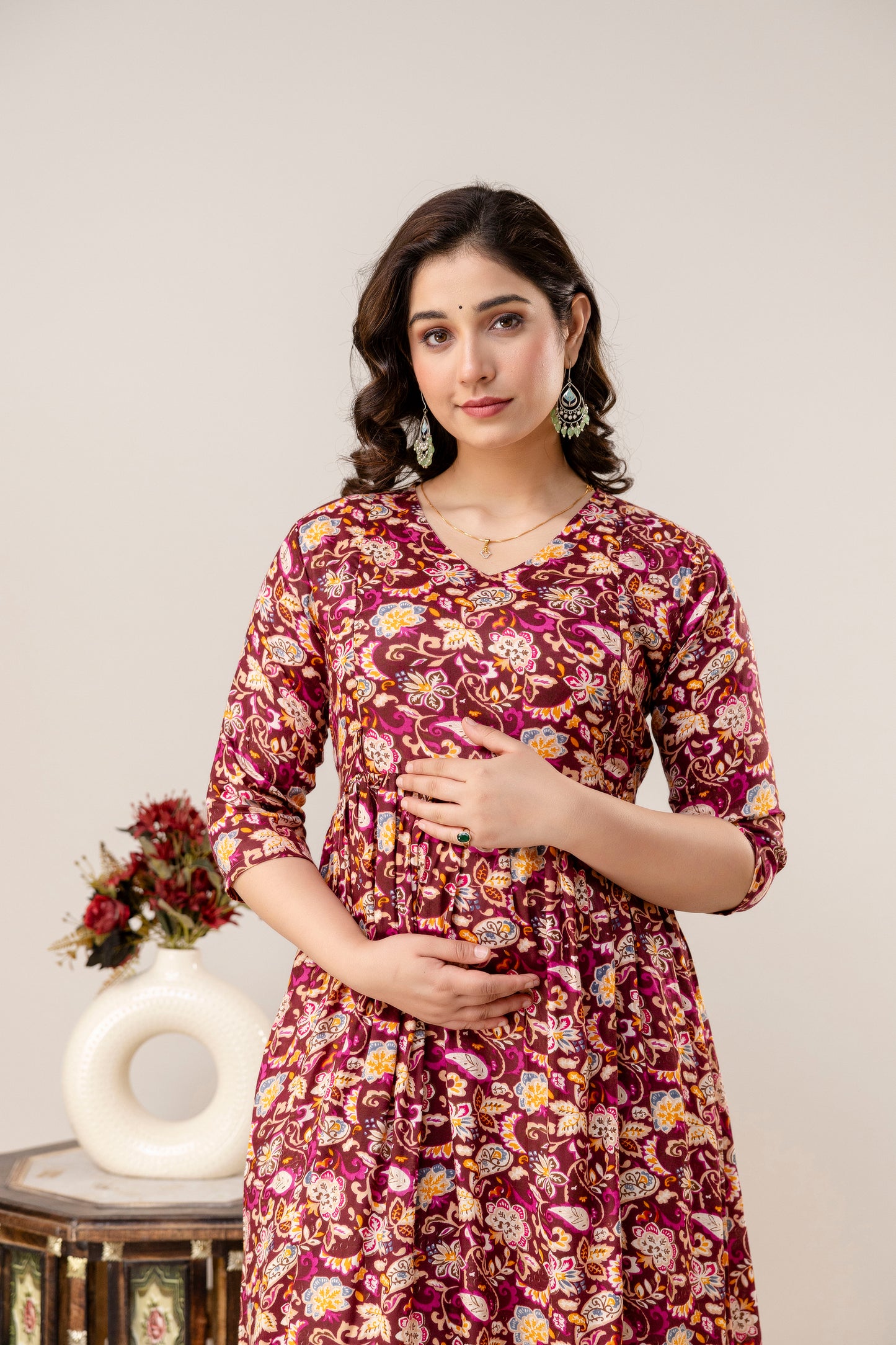 Rayon Modern Maternity Dress | Hidden Zipper | Deep Pocket | Adjustable Fit for Joyful Motherhood - Maroon