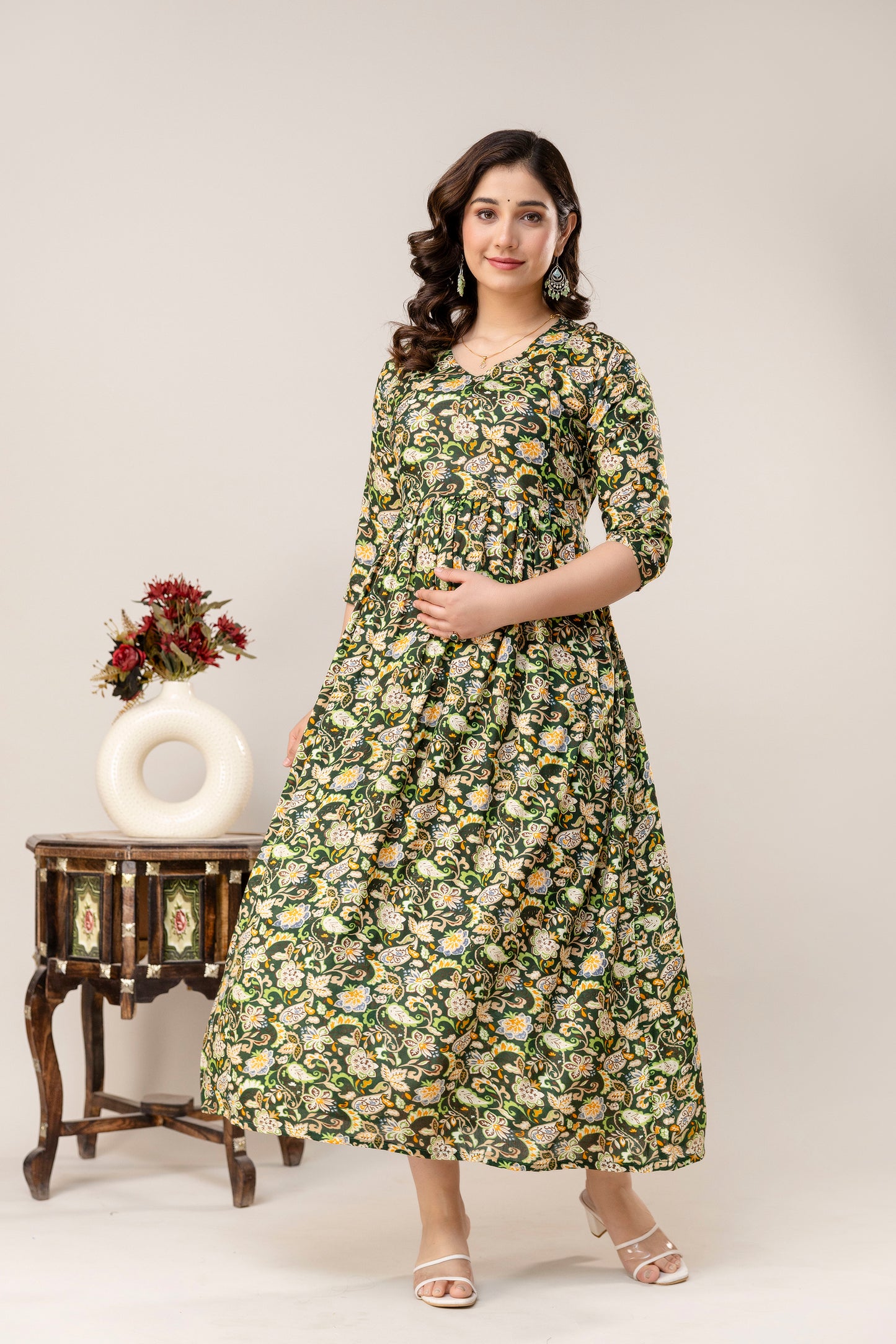 Rayon Modern Maternity Dress | Hidden Zipper | Deep Pocket | Adjustable Fit for Joyful Motherhood - Green