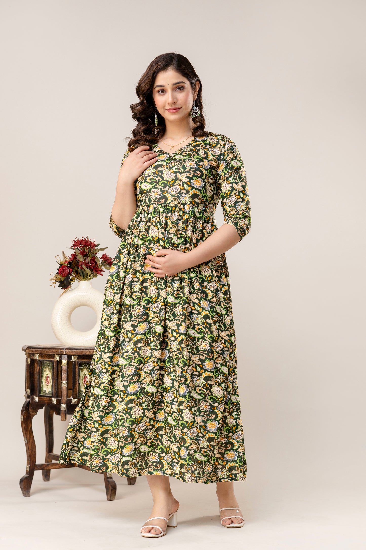 Rayon Modern Maternity Dress | Hidden Zipper | Deep Pocket | Adjustable Fit for Joyful Motherhood - Green