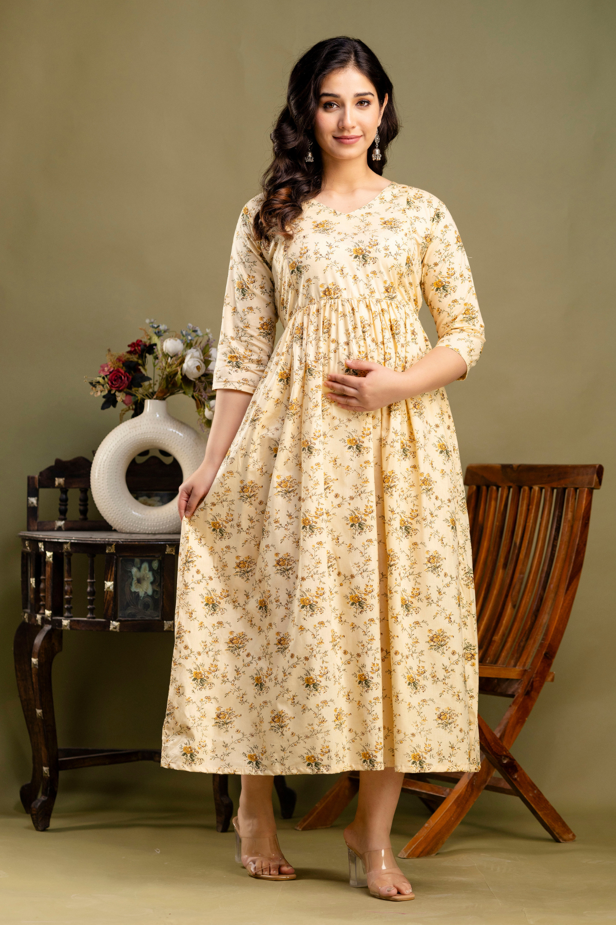 Pure Cotton Nursing-Friendly Maternity Dress - Sunflower