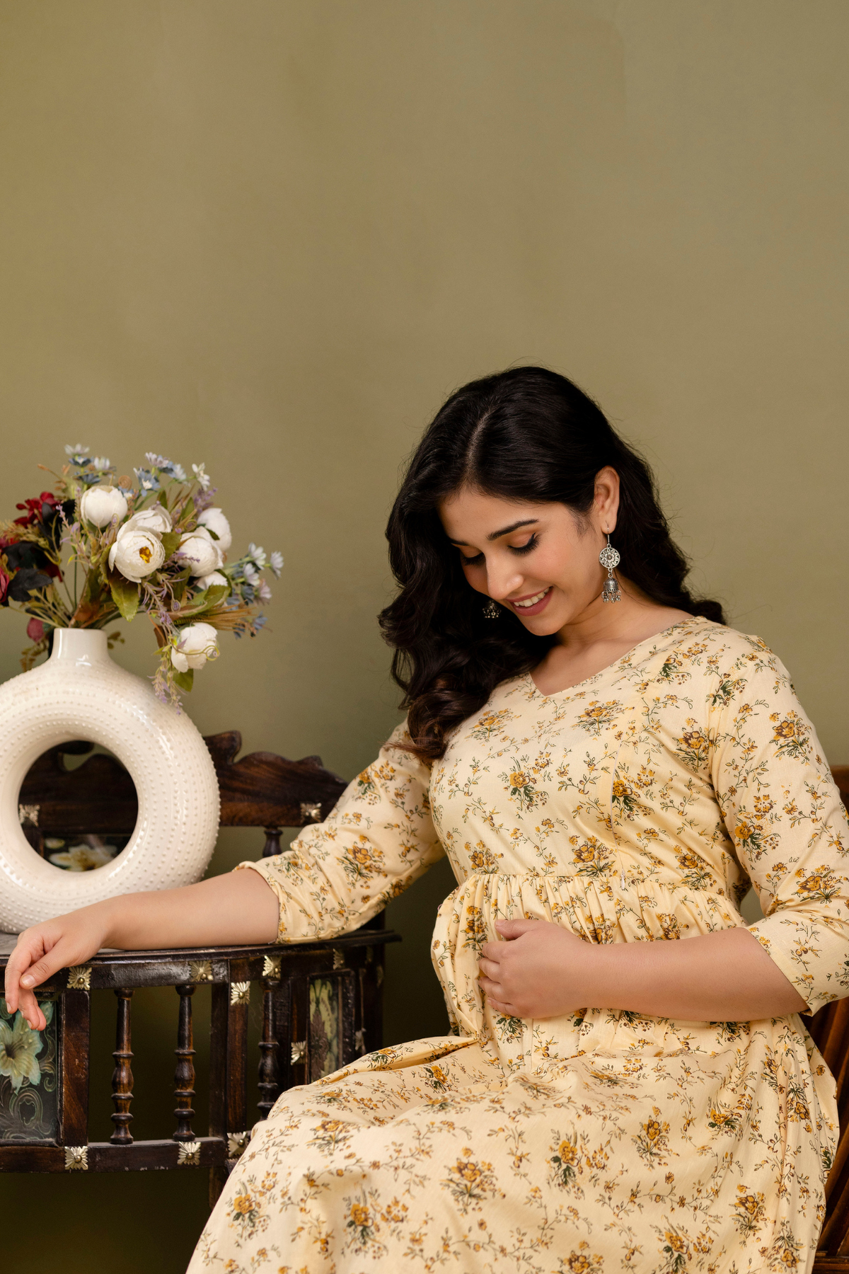 Pure Cotton Nursing-Friendly Maternity Dress - Sunflower