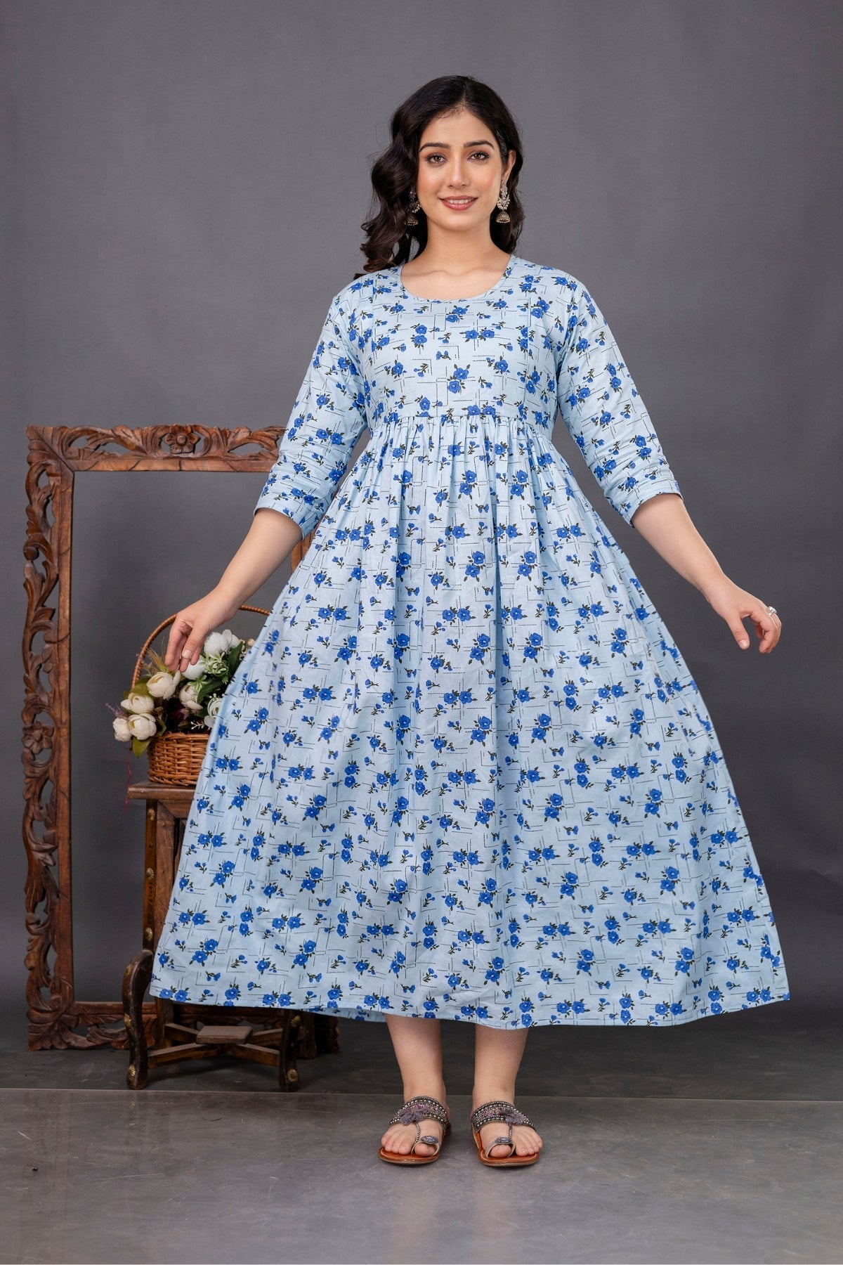 Pure Cotton Maternity Dress With Both-Side Hidden Zip - Floral Blue