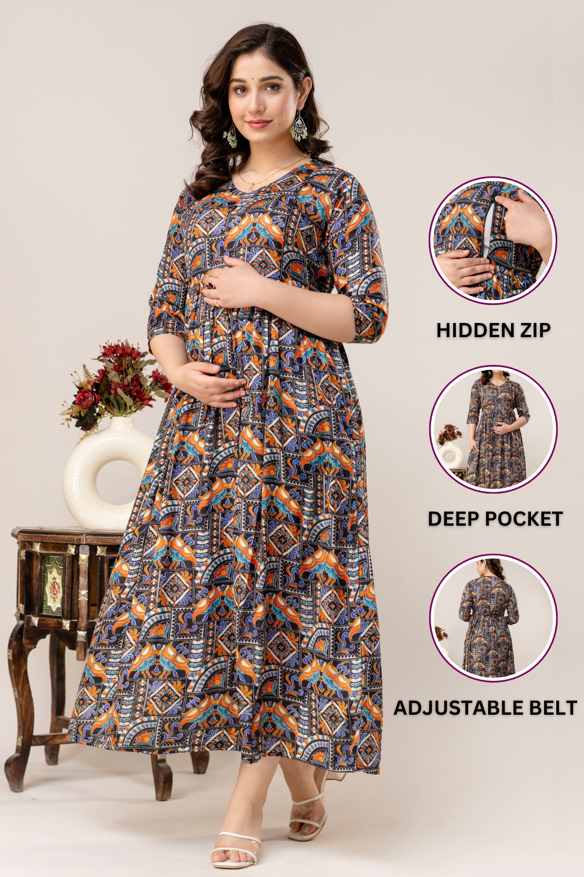Rayon Modern Maternity Dress | Hidden Zipper | Deep Pocket | Adjustable Fit for Joyful Motherhood - Midnight