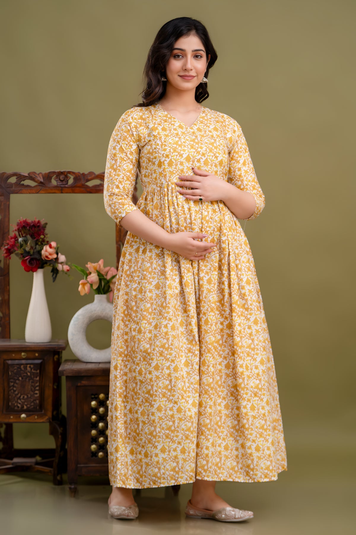 Cotton Maternity Dress, Adjustable Waist & Nursing Friendly