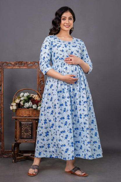 Pure Cotton Maternity Dress With Both-Side Hidden Zip - Floral Blue