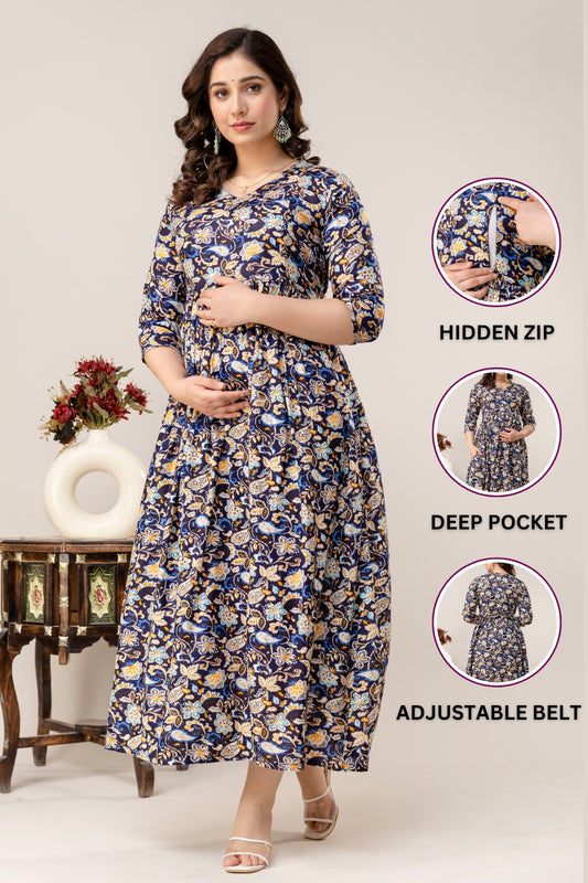 Rayon Modern Maternity Dress | Hidden Zipper | Deep Pocket | Adjustable Fit for Joyful Motherhood - Navy Blue
