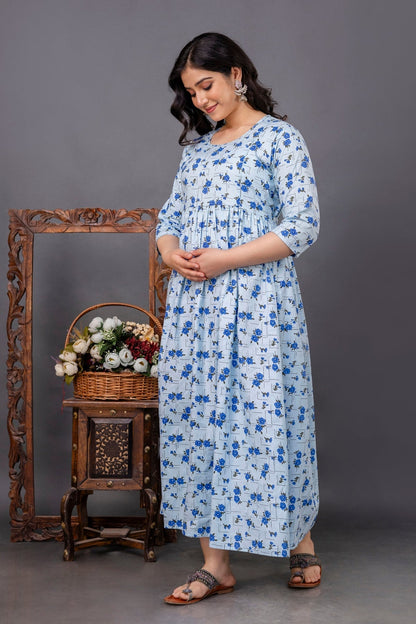 Pure Cotton Maternity Dress With Both-Side Hidden Zip - Floral Blue
