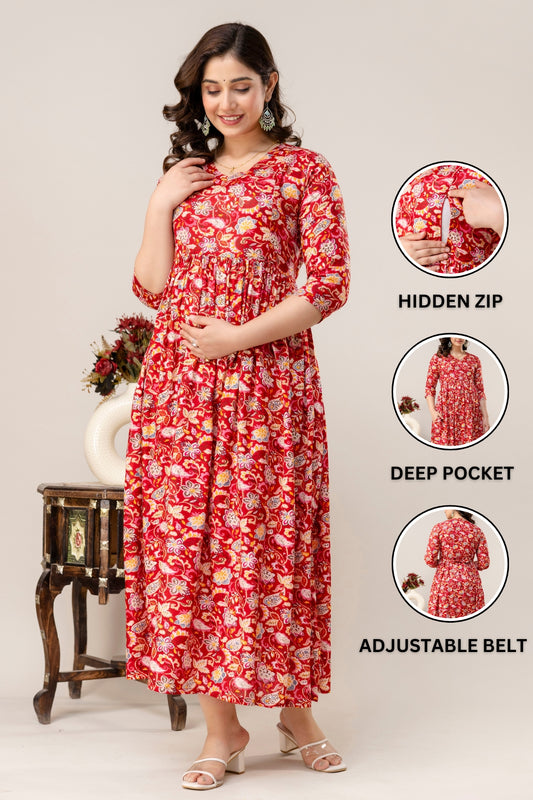 Rayon Modern Maternity Dress | Hidden Zipper | Deep Pocket | Adjustable Fit for Joyful Motherhood - Red