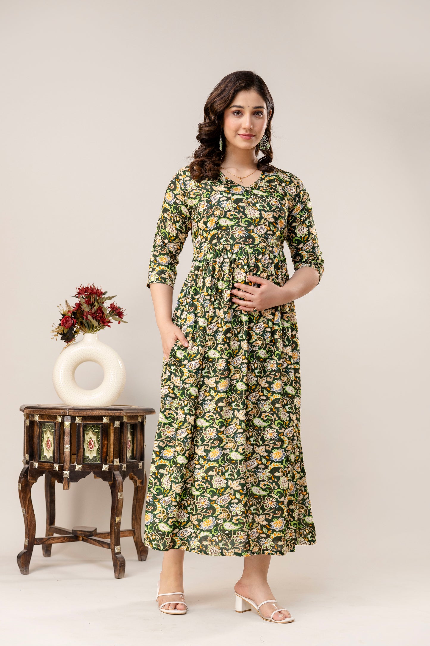 Rayon Modern Maternity Dress | Hidden Zipper | Deep Pocket | Adjustable Fit for Joyful Motherhood - Green