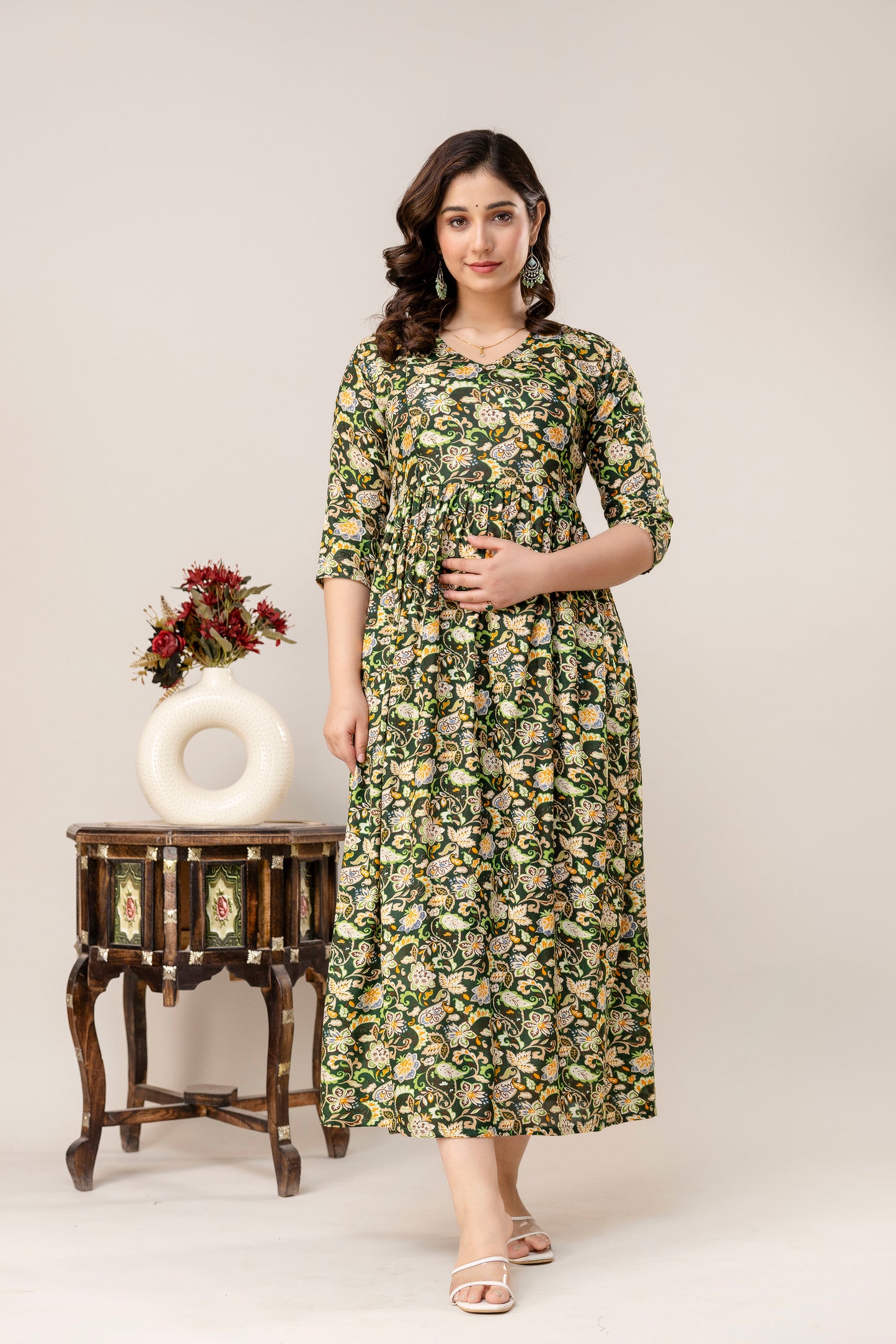 Rayon Modern Maternity Dress | Hidden Zipper | Deep Pocket | Adjustable Fit for Joyful Motherhood - Green