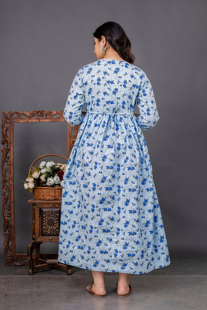 Pure Cotton Maternity Dress With Both-Side Hidden Zip - Floral Blue