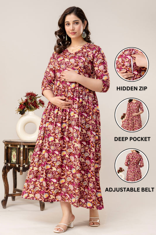 Rayon Modern Maternity Dress | Hidden Zipper | Deep Pocket | Adjustable Fit for Joyful Motherhood - Maroon