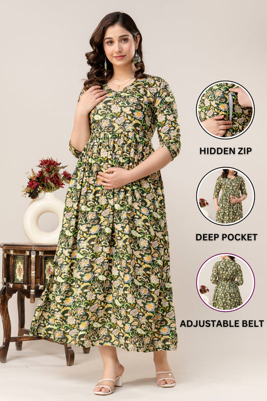 Rayon Modern Maternity Dress | Hidden Zipper | Deep Pocket | Adjustable Fit for Joyful Motherhood - Green