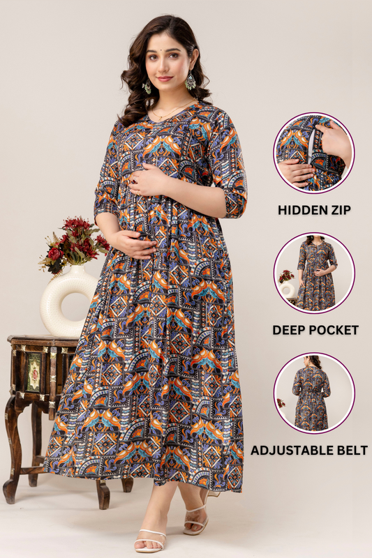 Rayon Modern Maternity Dress | Hidden Zipper | Deep Pocket | Adjustable Fit for Joyful Motherhood - Midnight